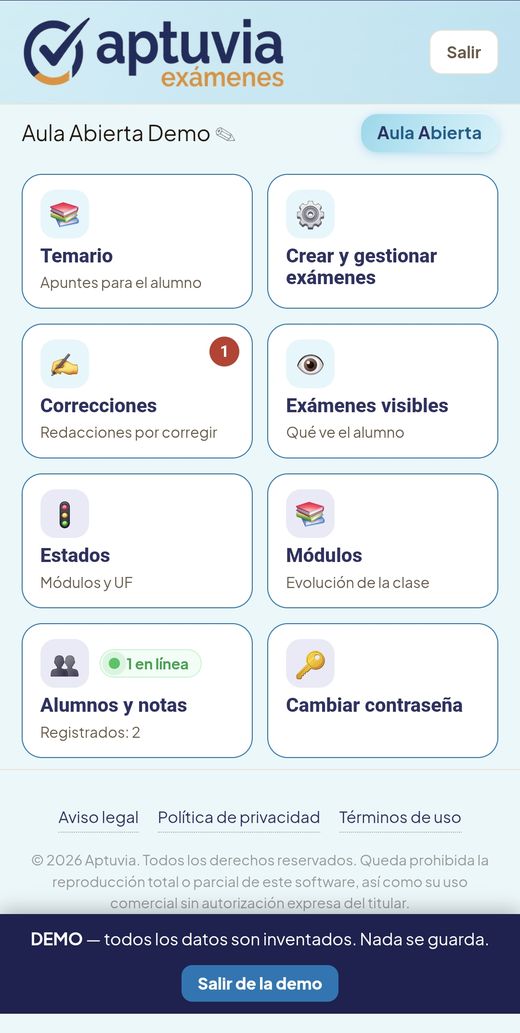 Panel del profesor en Aula Abierta