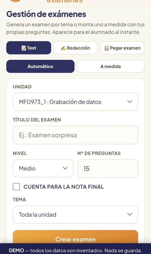 Pantalla de creación de exámenes de Aptuvia