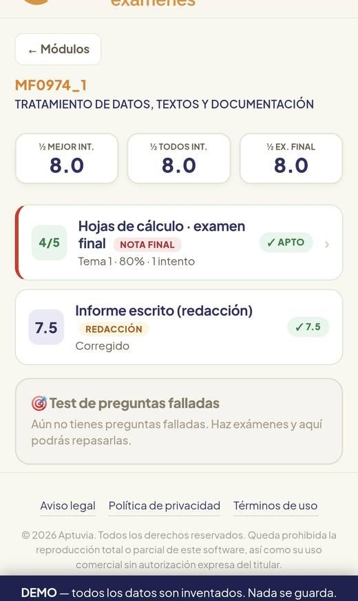 Notas por unidad y nota final en Aptuvia